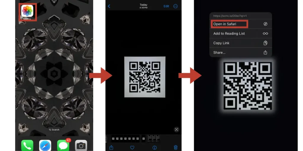 Screenshots showing the steps to scan a QR code on iPhone from the Photos app.