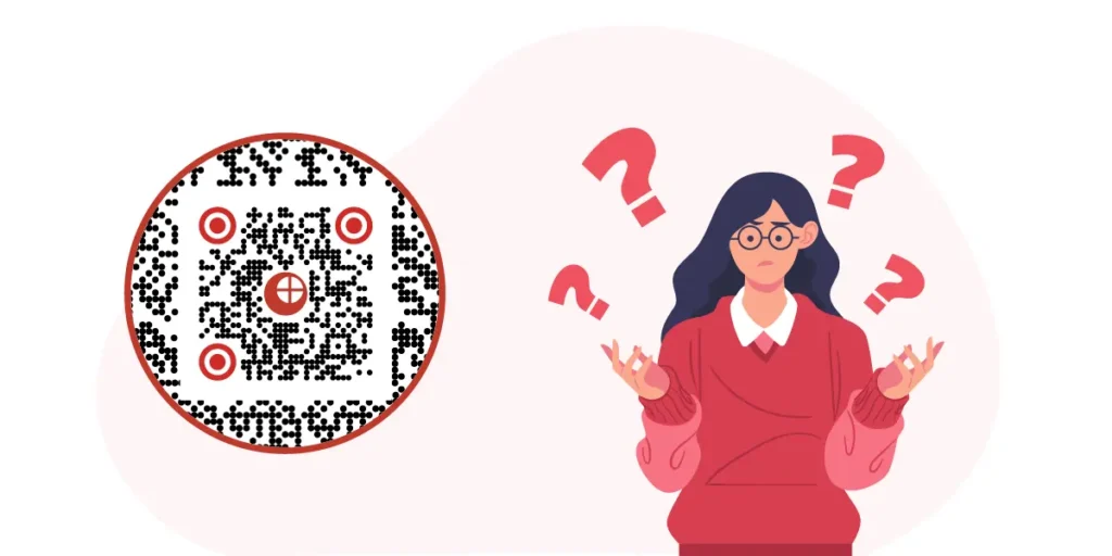 a puzzled woman next to a circular QR Code