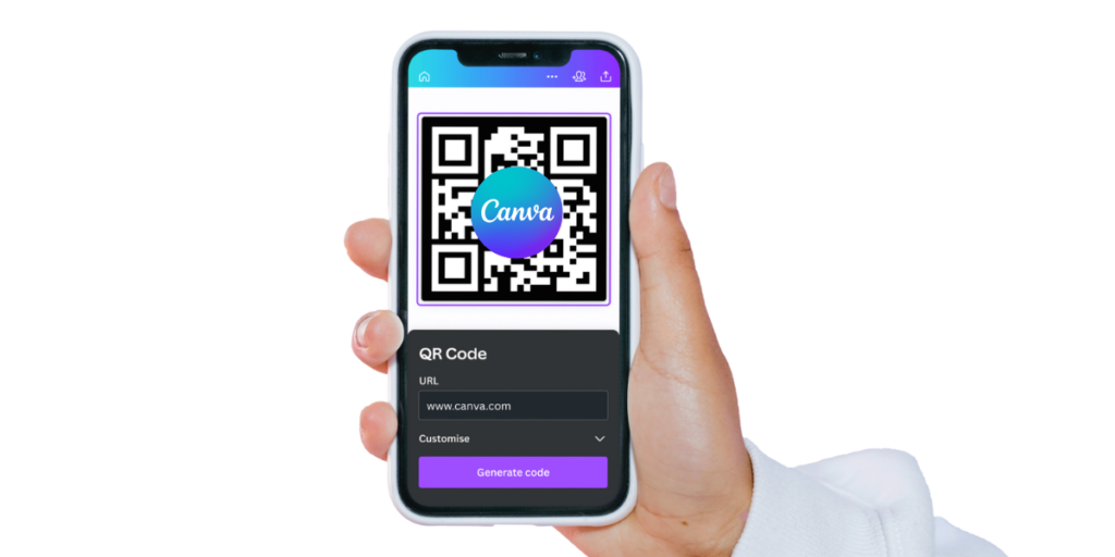 A hand holding a smartphone with Canva application open on it showing a Canva QR Code.