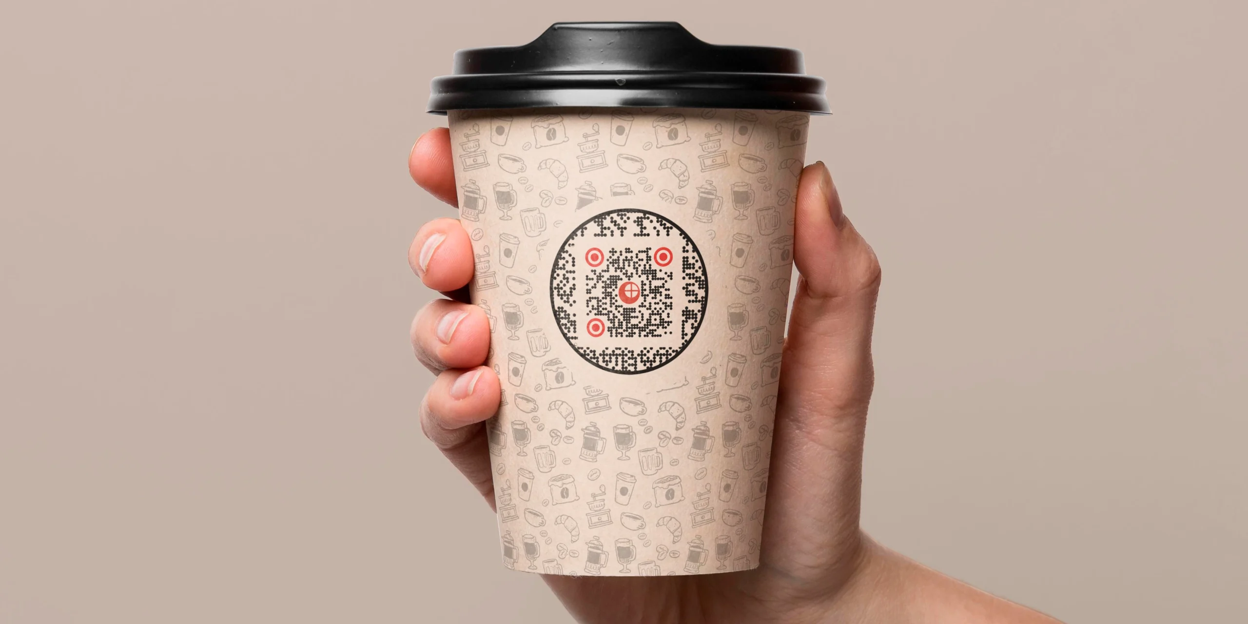 a styrofoam coffee cup with a circular QR Code