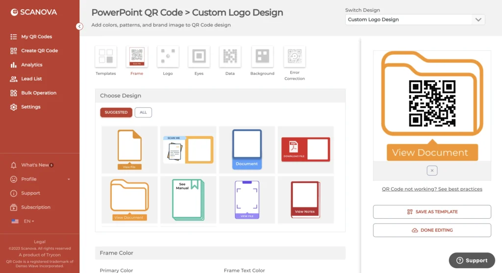 Custom Logo Design feature showing CTA for PowerPoint QR Code