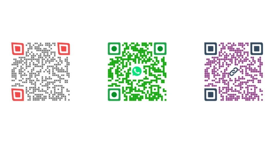 Three QR Codes of differnt colors and styles.