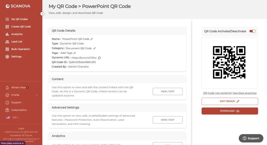 Screen showing Download PowerPoint QR Code option