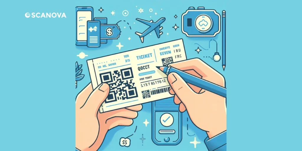 Vector image showing an overseas event ticket with QR Code on it