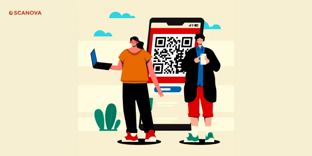 Two people holding a laptop and a phone in front of a QR