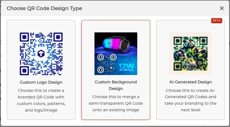 A snapshot of three different QR Code design options offered by Scanova. 