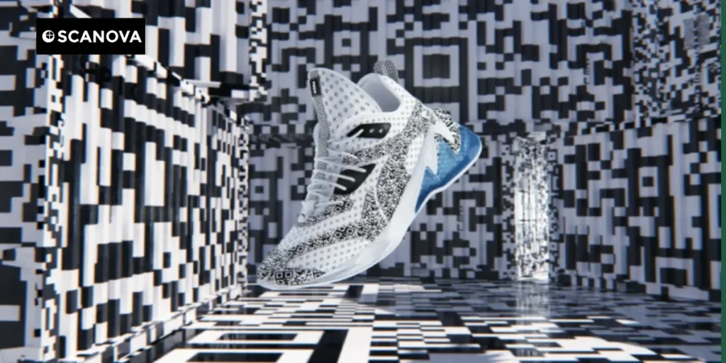 An ad showing puma QR Code with a white and blue sneaker in a black and white checkered room