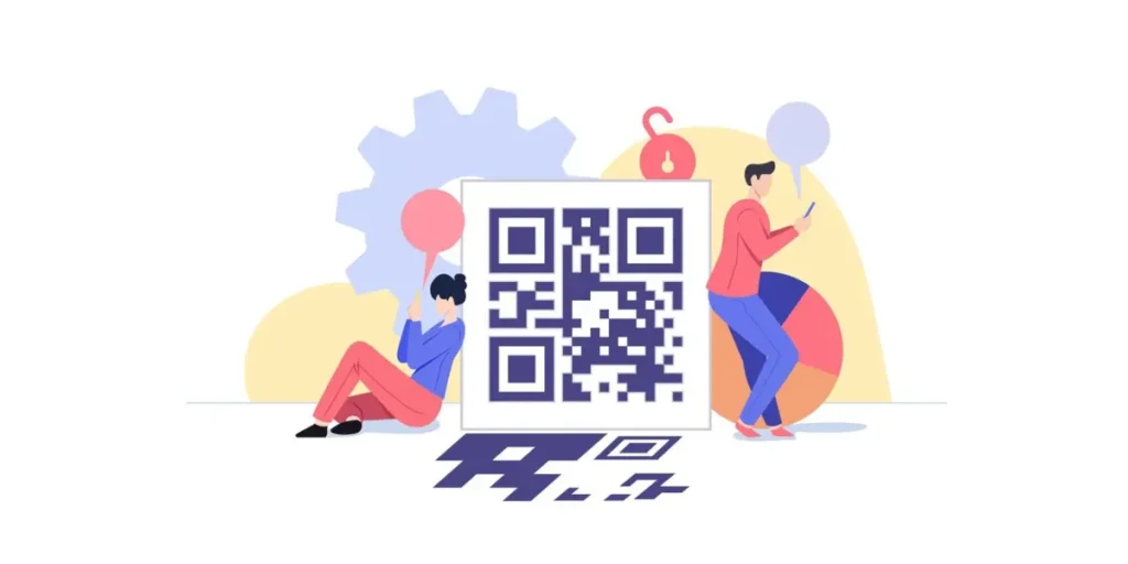 two people sitting besides a human sized qr code