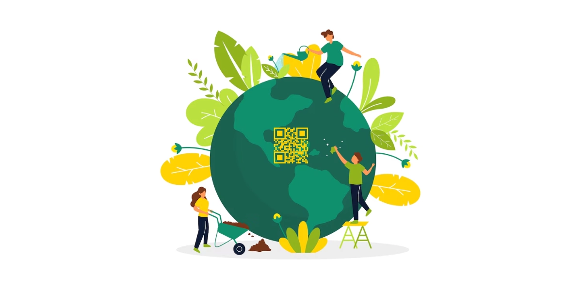 A yellow QR Code on a green colored globe with leaves and plants around it.