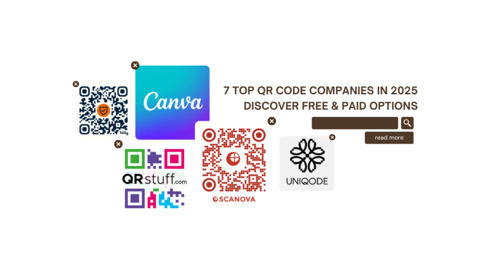 Logo of Scanova, Canva, Uniqode, QR Stuff, Bitly with text "7 Top QR Code Companies in 2025: Discover Free & Paid Options" written.