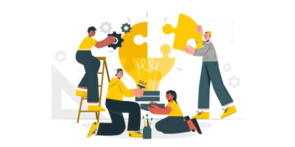 Illustration of several people collaboratively building a large light bulb.