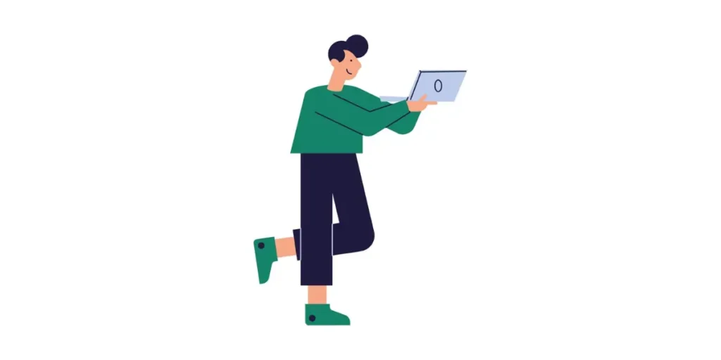 Illustration of a person balancing on one leg while holding a laptop.