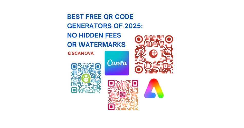 Logo of Scanova, Canva, Adobe Express, QR Code Monkey, with text "Best Free QR Code Generators of 2025: No Hidden Fees or Watermarks" written.