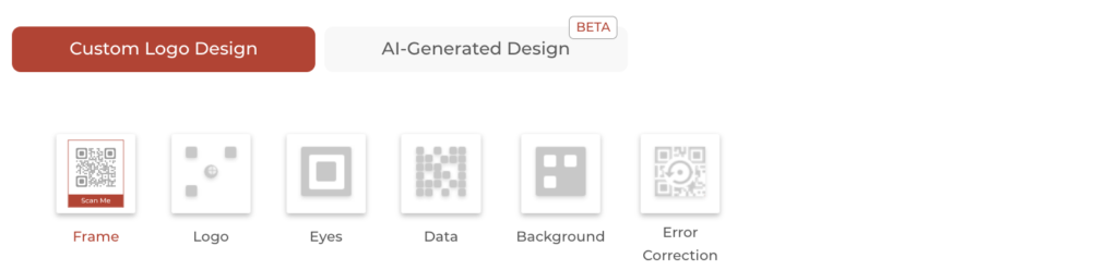 Custom logo design tabs offered by Scanova's QR Code generator's interface.