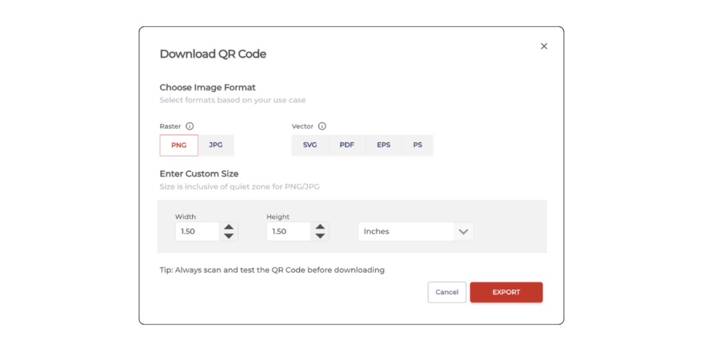 Download QR Code export options offered by Scanova