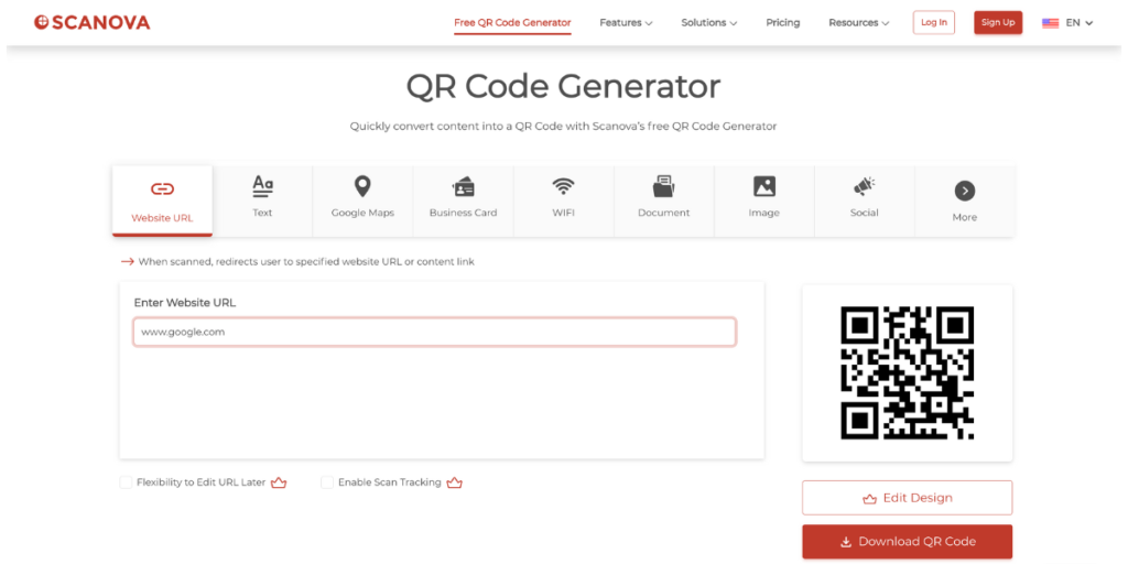 Scanova's free QR Code generator tool online interface