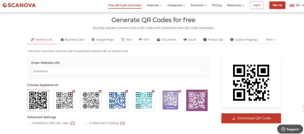 Dashboard of Scanova's free QR code generator without sign-up, showcasing an example QR code creation process.