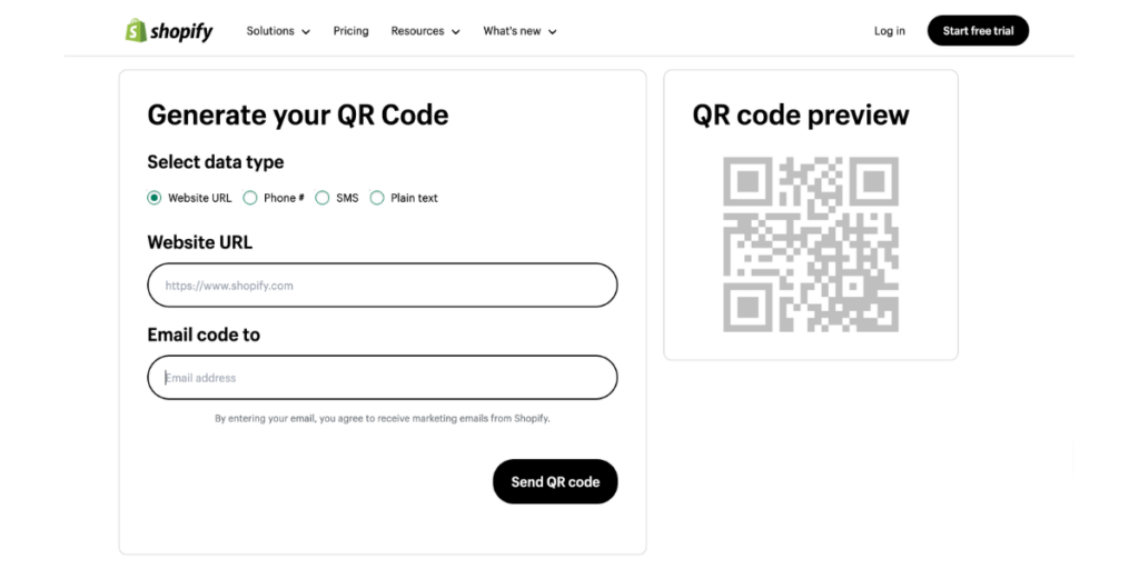 Shopify's free QR Code generator interface