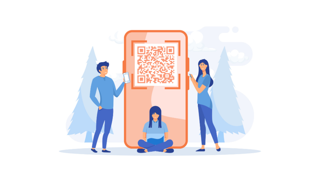 A vector image showing three people, one sitting in the middle and two standing on either side of  a human sized  smartphone with QR  Code on it. 