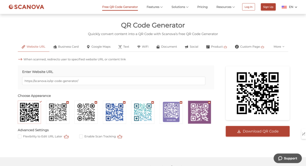 An image showing Scanova's free QR Code generator tool's interface.