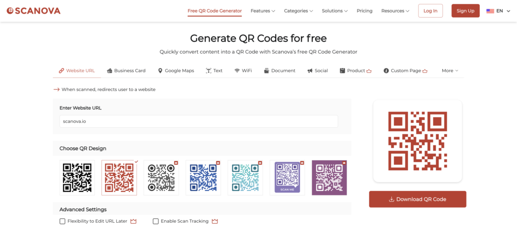 An image showing Scanova's free QR Code generator tool's interface with design options.