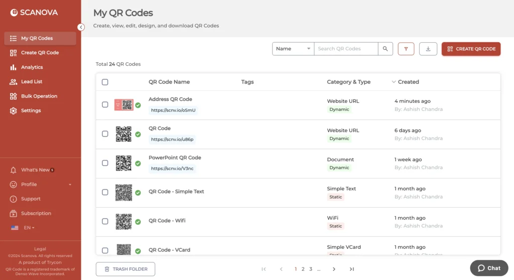 Scanova's "My QR Code" page that shows a list of all your QR Codes. 