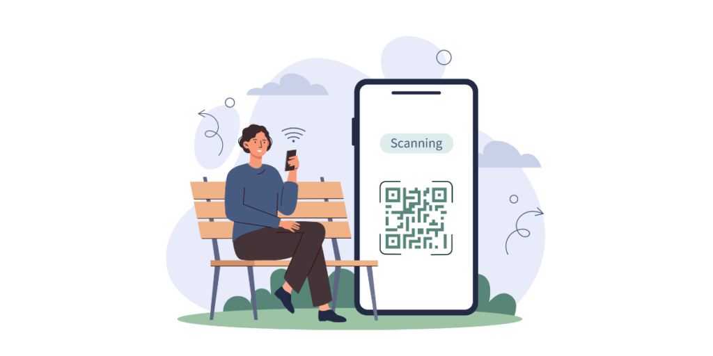 a person sitting on a bench scanning a qr code from their smartphone; how to create free qr code