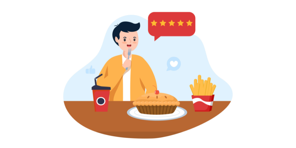 restaurant rating QR code; vector image of a person eating fries, and giving 5 stars rating.