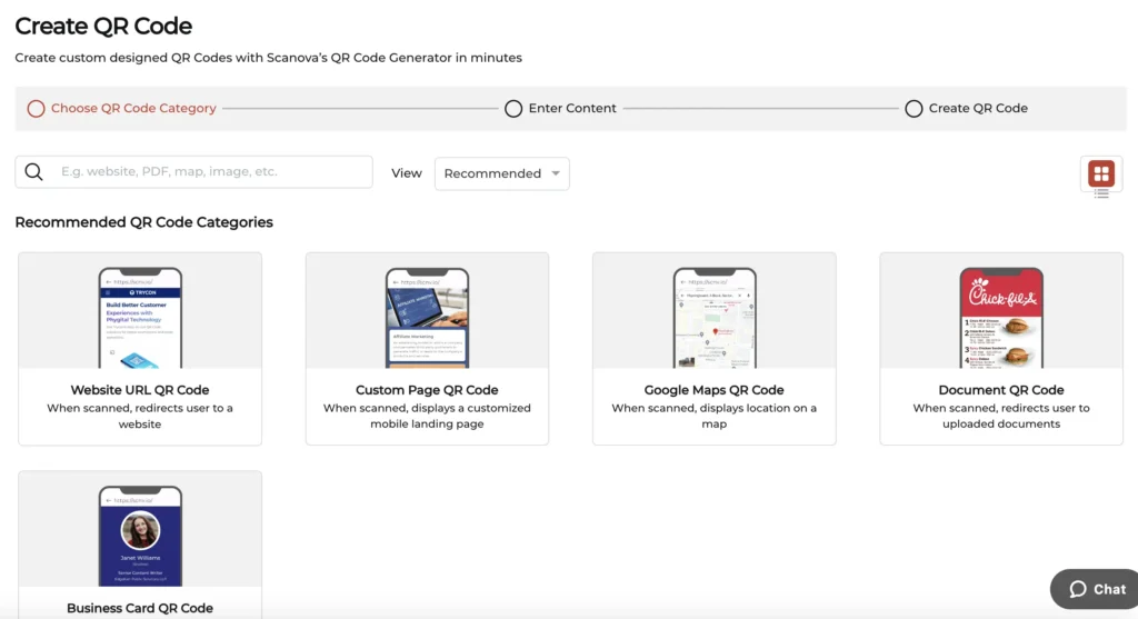 A snapshot of various QR Code categories offered by Scanova QR Code Generator. 