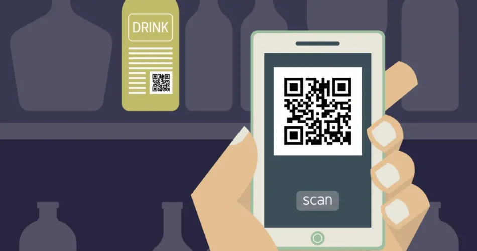 A smartphone scans a QR Code on the bottle's label from a distance. It shows how small a QR Code can be for easy scanning.