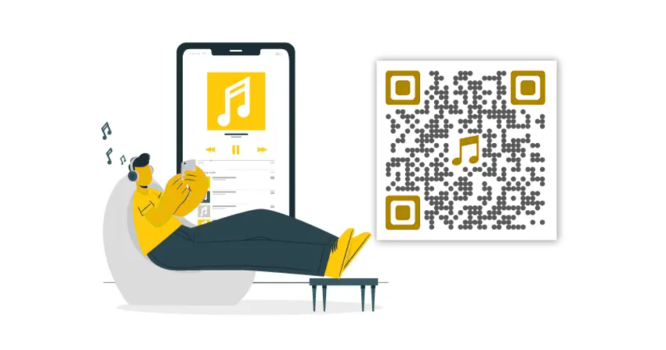 A person listening to songs on a smartphone by scanning a QR Code for songs.