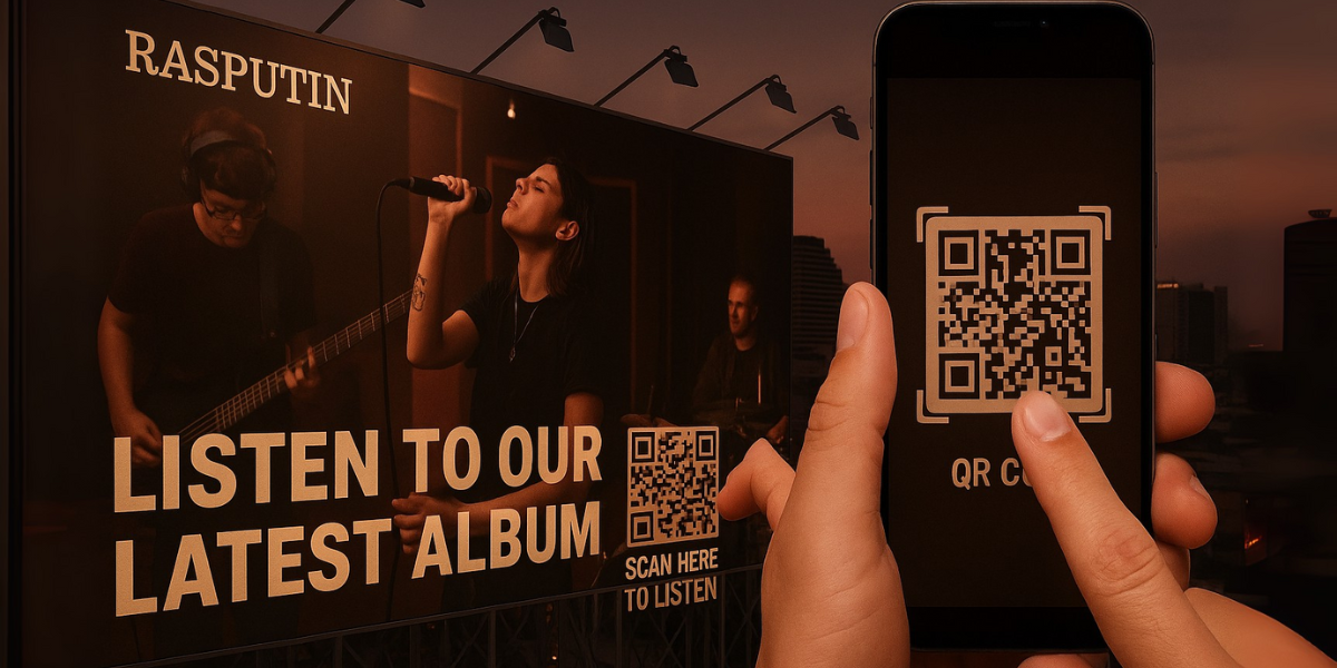 a billboard that says "Listen to our latest album" with a QR Code on it.