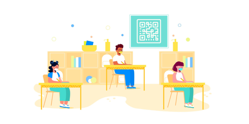 A group of people sitting at desks in a classroom with a digital QR Code display