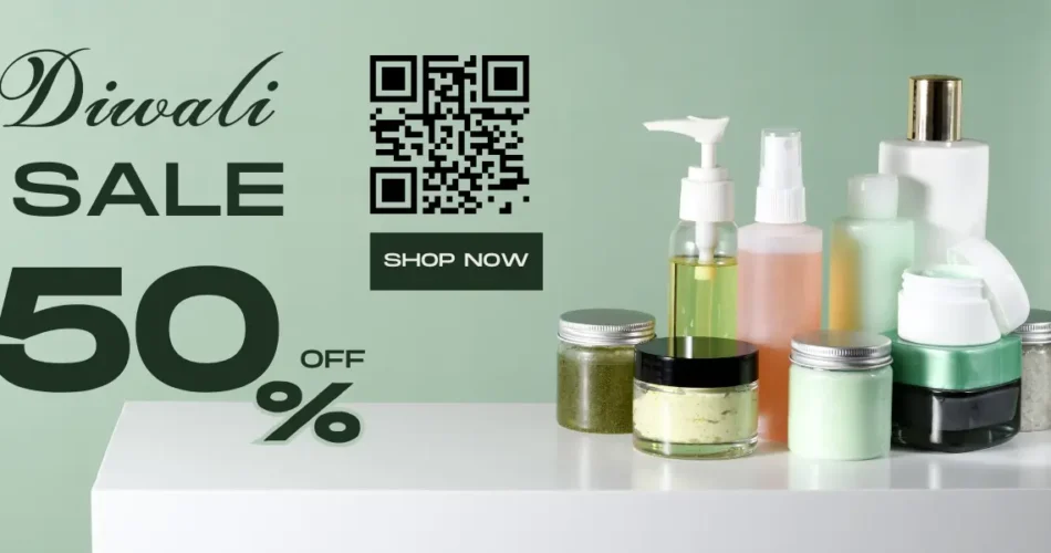 A skincare product promoting their products diwali festive sale of 50% off with a QR Code and CTA of Shop Now.