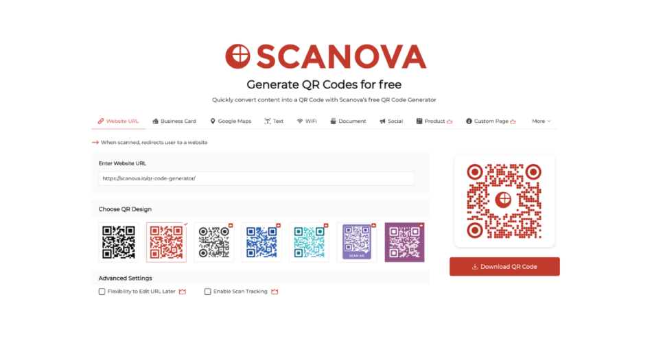 Scanova's free static QR Code generator tool's interface with design options and multiple categories.