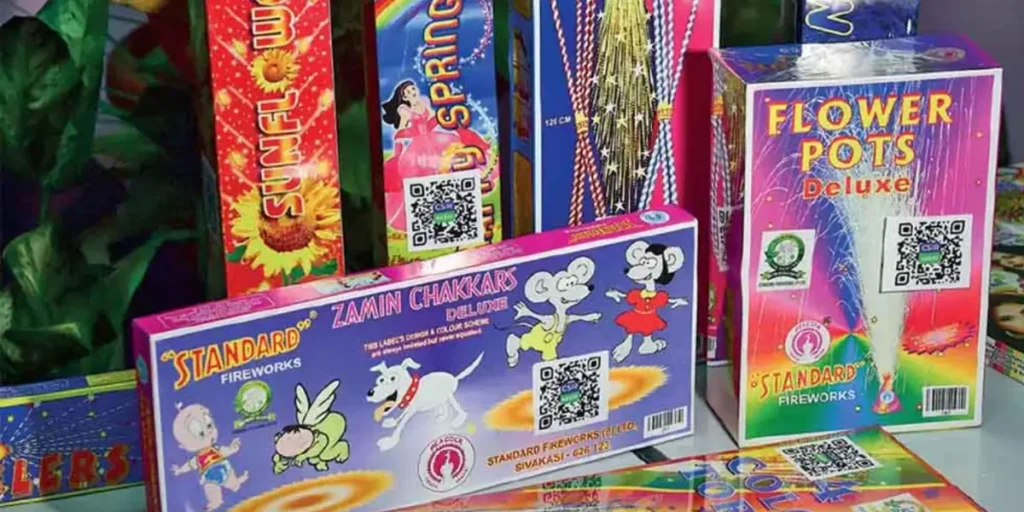 An image of multiple crackers kept on a table with a Green Cracker QR Code on its packaging. 