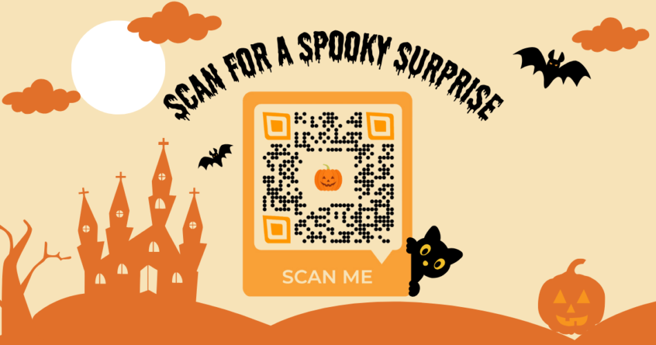 A halloween QR Code with a pumpin logo in the middle surrounded by spooky elements like bats and a black cat