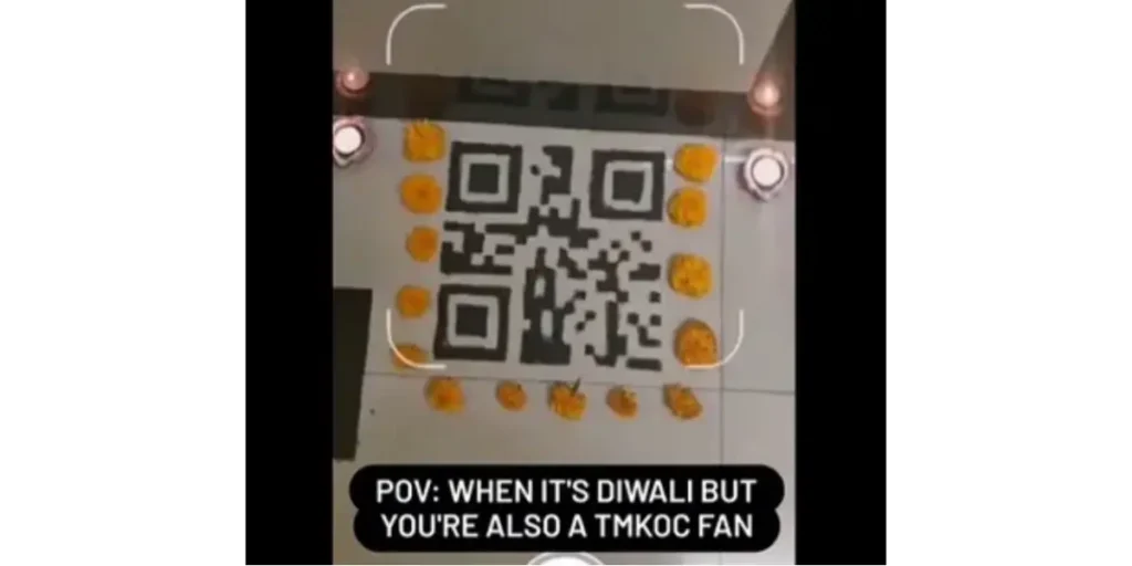 A picture of a user scanning a rangoli QR Code with a pov: when it's Diwali but you're also a TMKOC Fan.