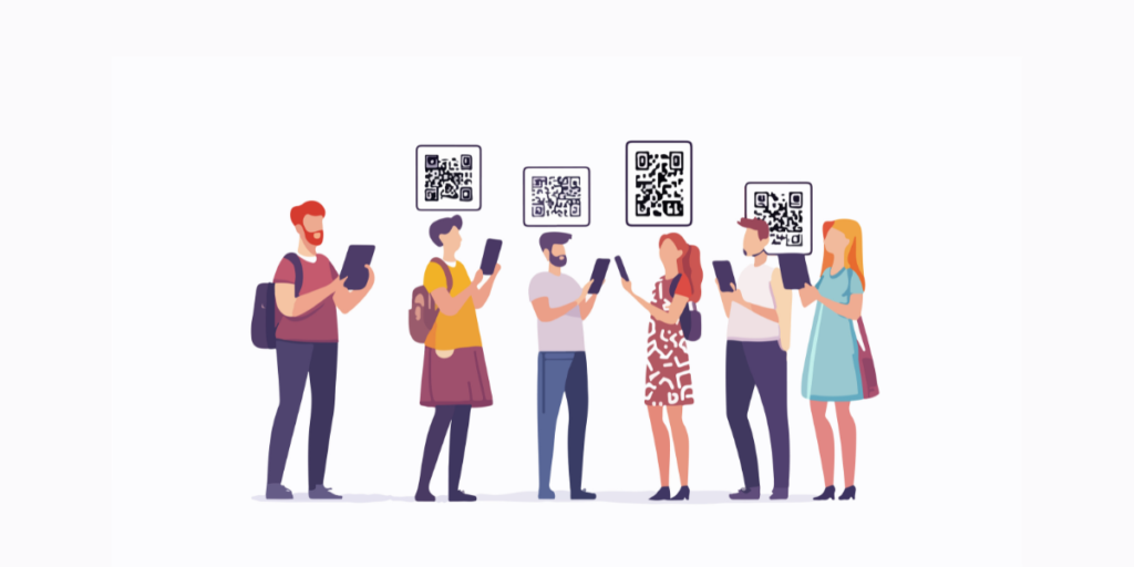 A group of people standing next to each other holding tablet devices and smartphones with QR Codes on them