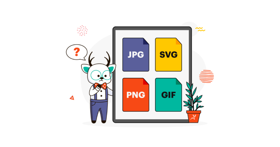 A deer doodle man standing in front of a big screen showing different QR Code formats for exporting. There's a plant placed besides the screen.