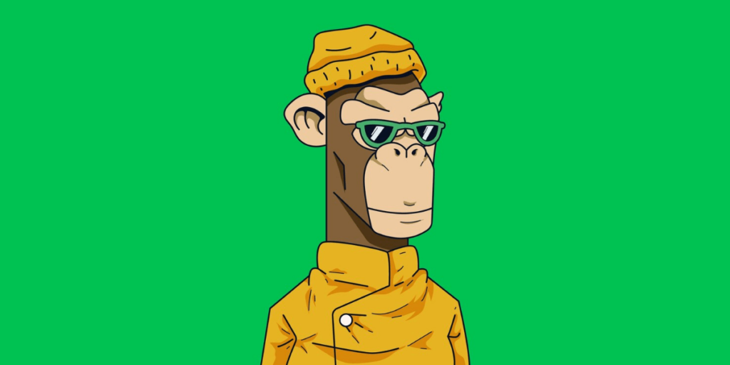 a chimp in a yellow dress and a beanie wearing shades