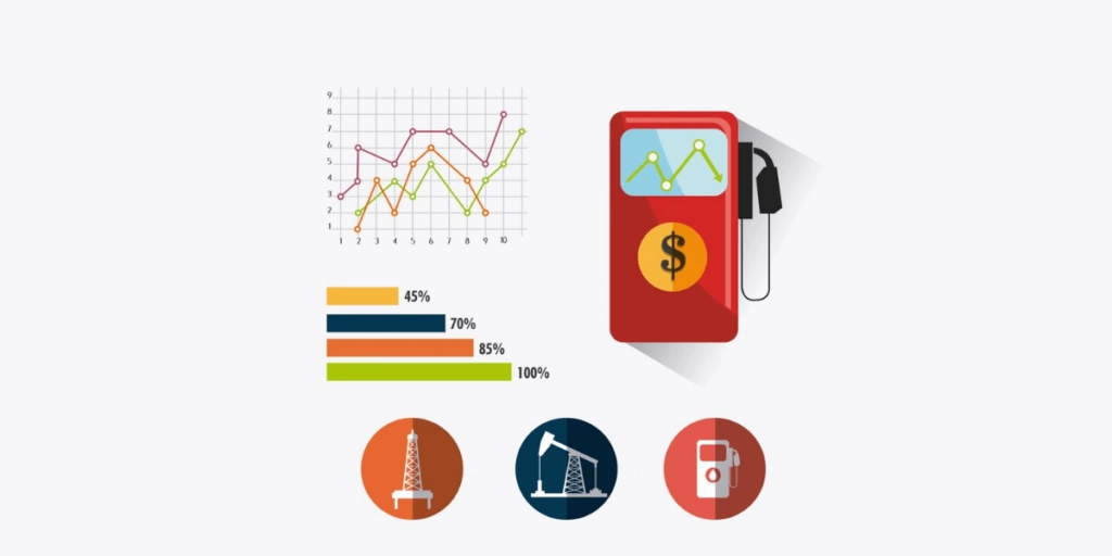 a graph and a fuel pump depicting petroleum industry