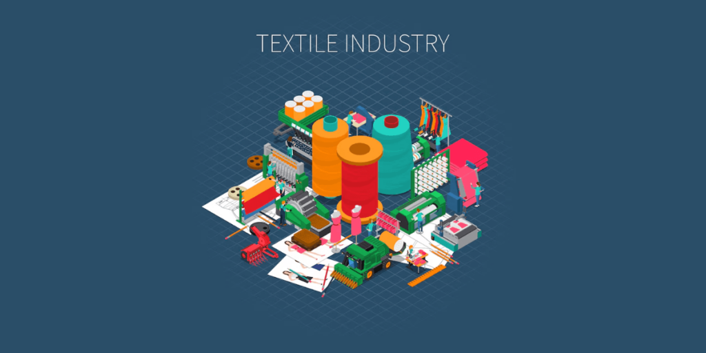 yarns, thread, and dresses depicting textile industry