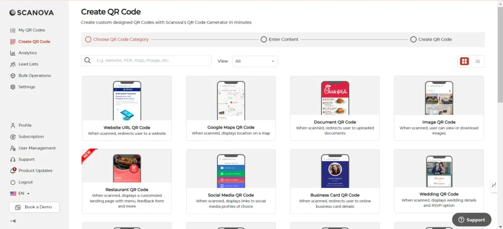 Scanova's dashboard showing different qr code category to choose from.