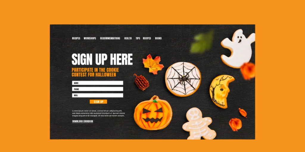 Halloween recipe collection landing page example with spooky elements 