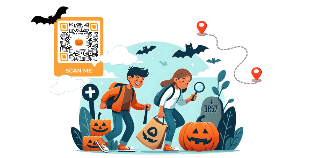 Halloween trick-or-treat maps showing two people looking for treats by scanning a QR Code and unlocking a map