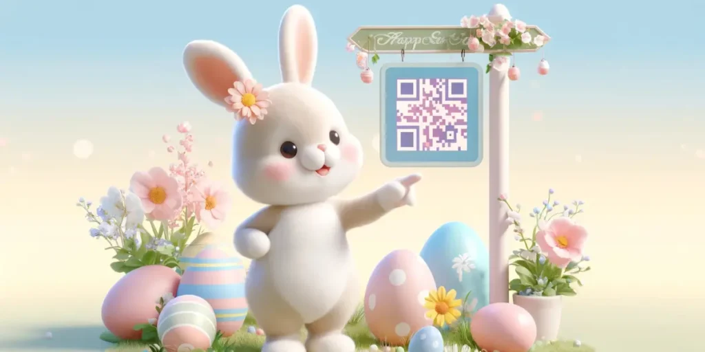 Easter Bunny pointing at an Easter QR code, highlighting its benefits.