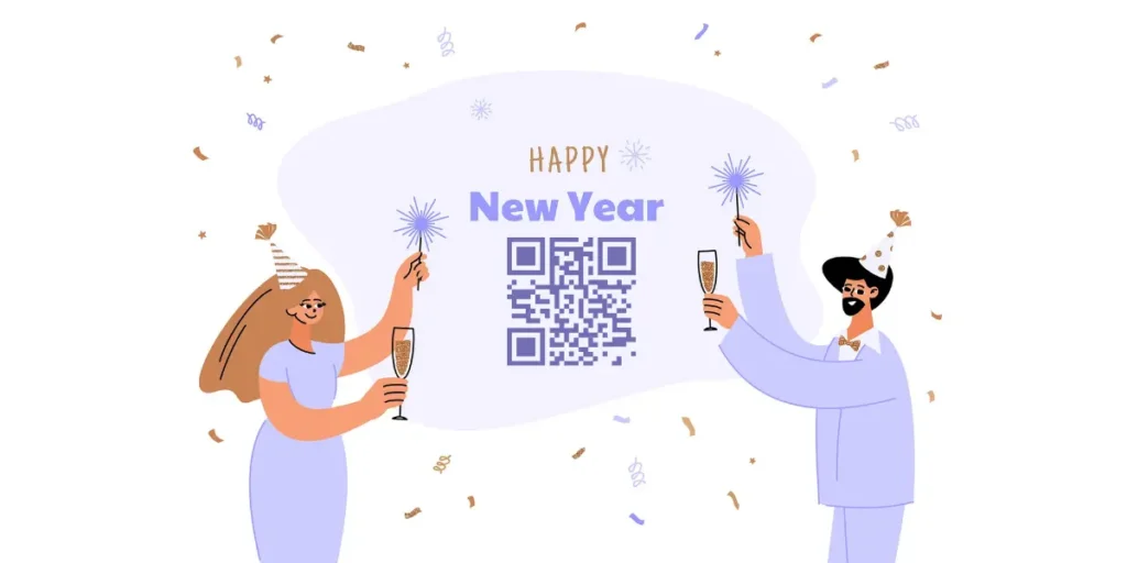 Man and woman holding drinks and fireworks, celebrating the benefits of New Year's QR code.