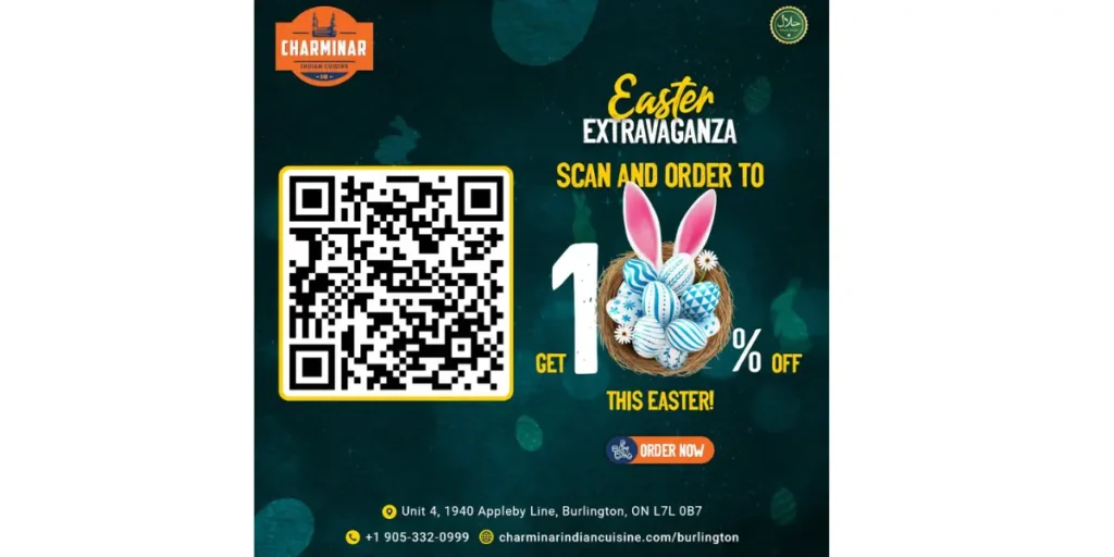 Charminar Restaurant using a QR code to offer an extra 10% off on Easter orders.