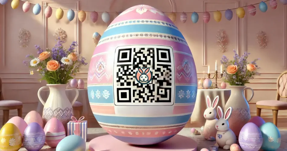 Large Easter egg QR code displayed in the center of a festively decorated room.